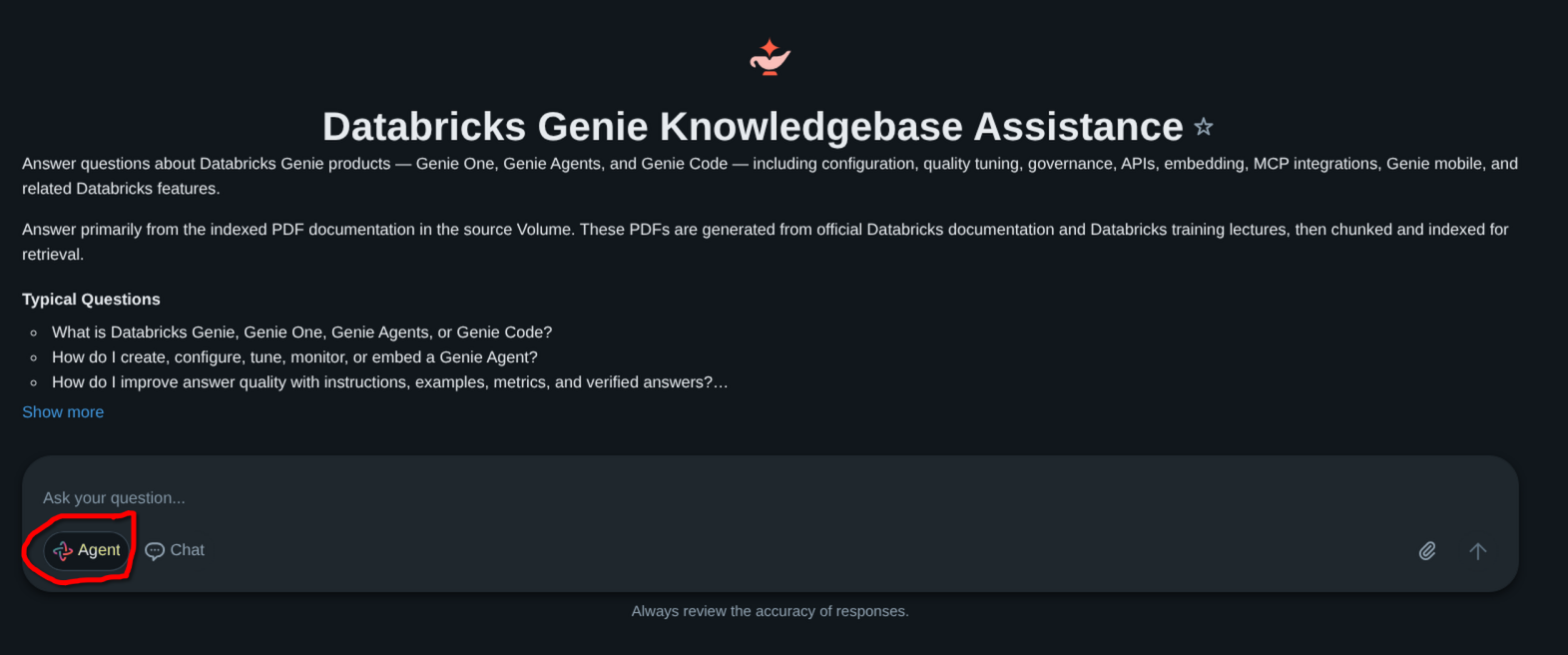 Genie Agent chat interface with Agent mode selected