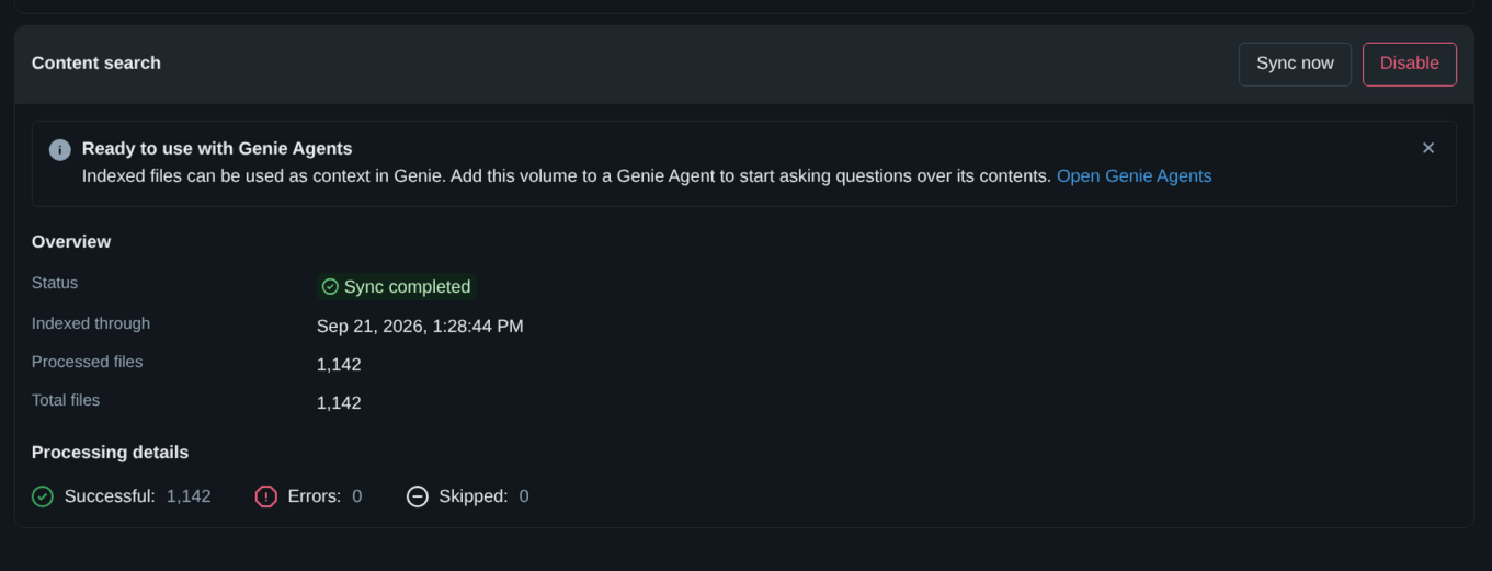 Volume Content Search status showing a completed sync of 1,142 files with no errors or skipped files