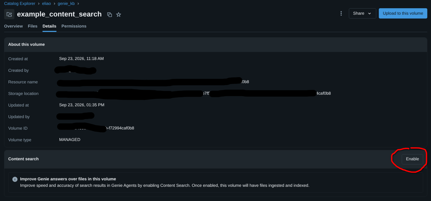 Unity Catalog Volume Details page with the Content Search Enable control highlighted