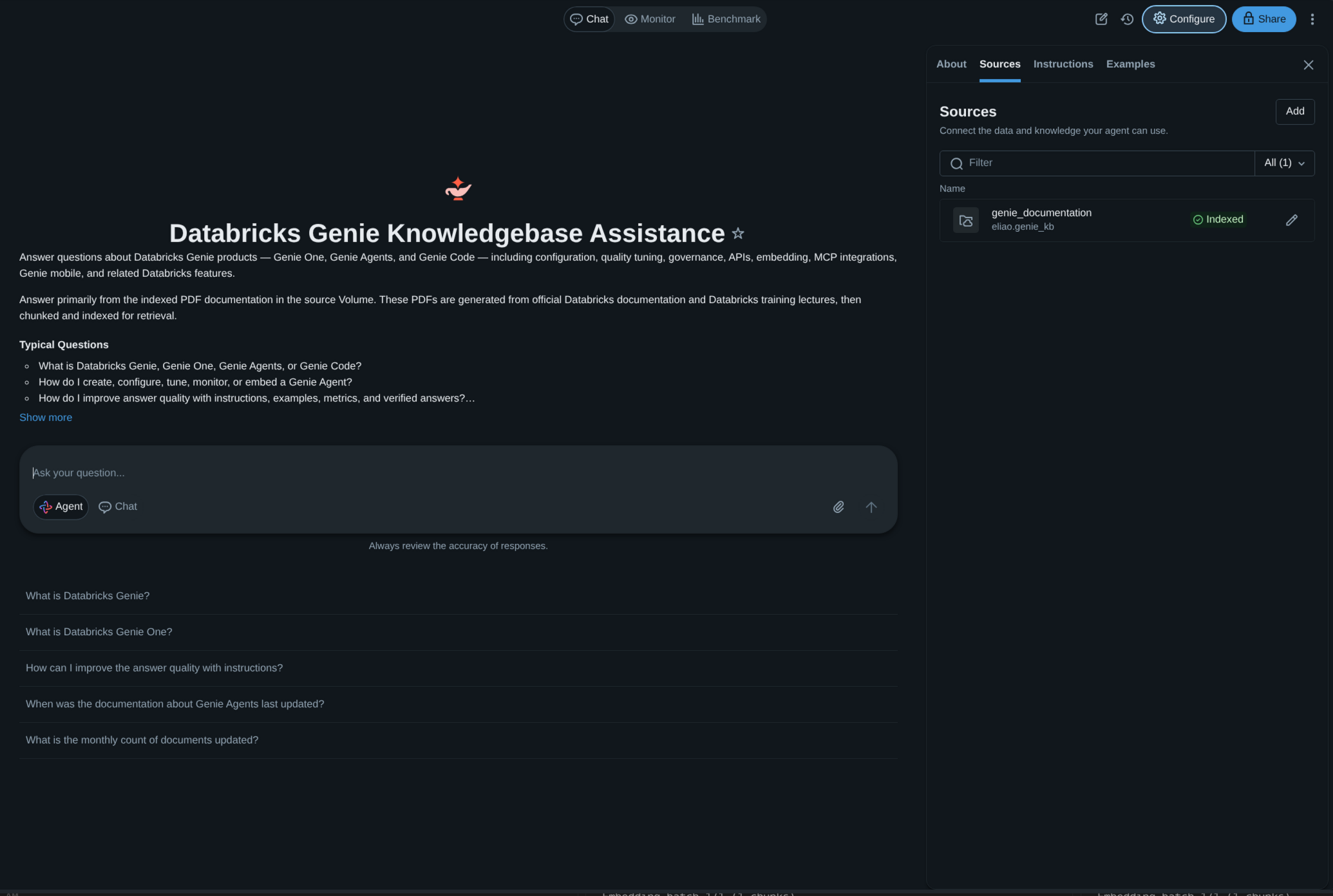 Genie Agent Sources tab showing the documentation Volume attached and indexed
